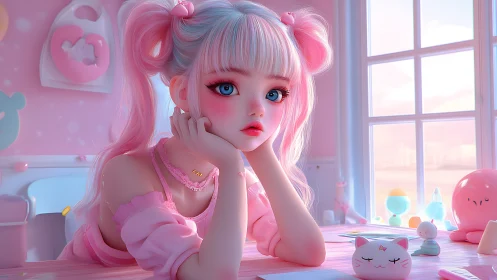 Dreamy pastel daydreamer in sugar-sweet kawaii study nook.