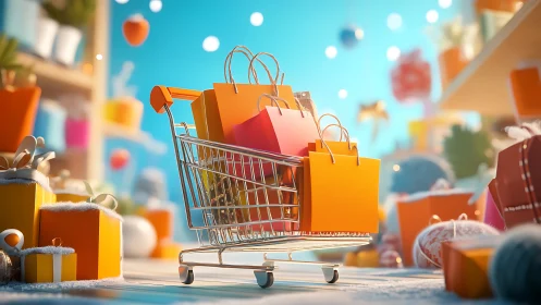 Holiday shopping cart loaded with colorful gift bags and boxes