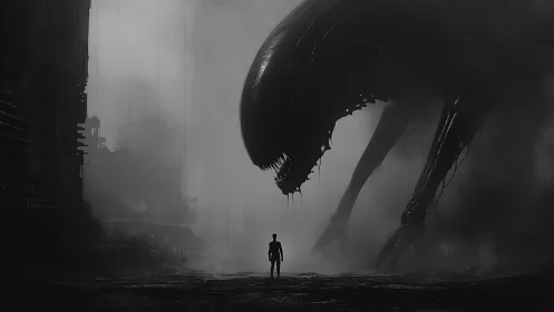 Lone explorer meets towering alien in misty dark ruins