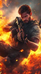 Fireborne soldier diving through chaos with burning resolve.