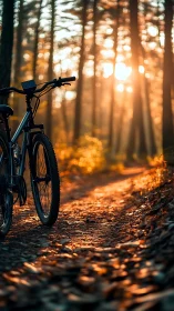 Mountain bike positioned on forest trail at golden hour sunset.