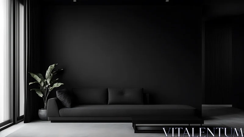 Cozy monochrome living room wrapped in deep black calm.