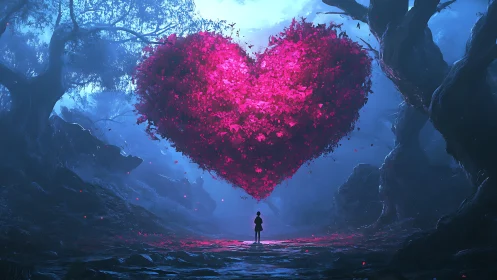 Luminous Heart Floats Above Solitary Figure in Cavern.