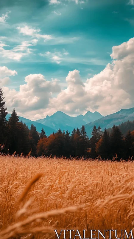 Warm wheat field extends toward distant pine forest and peaks