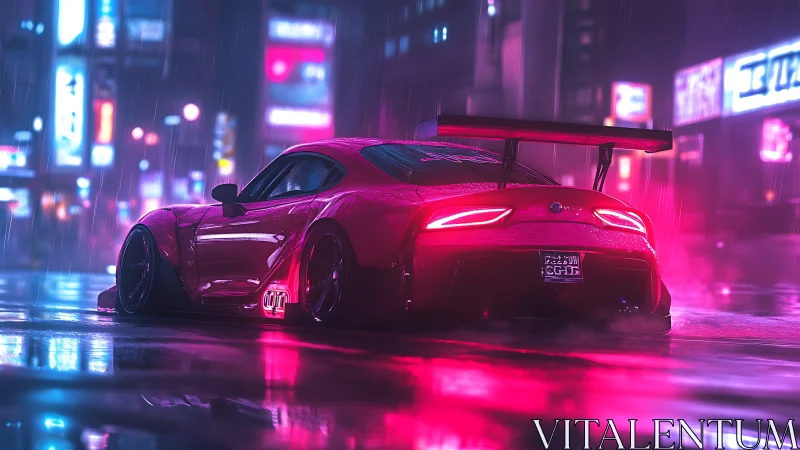 Neon pink sports car glows boldly in a rainy city night