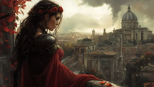 Warrior maiden overlooking ancient domed city at dusk.