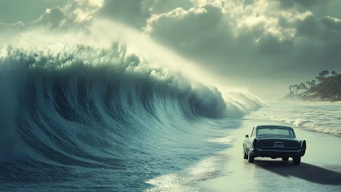 Vintage car confronts colossal curling wave on deserted shore