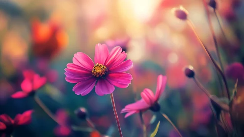 Pink Cosmos Blooms in Golden Sunlight.