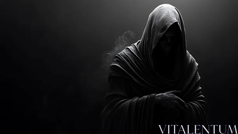 Hooded skeletal wraith emerges from darkness in eerie silence.