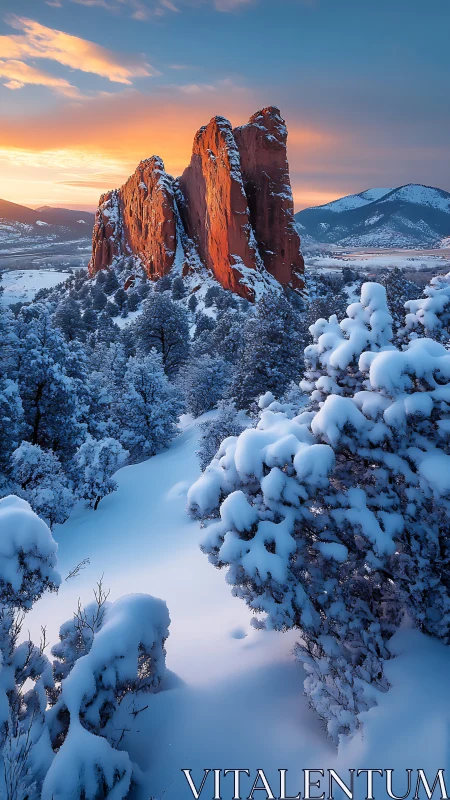 Winter sunrise paints red rock cliffs over snowy pines