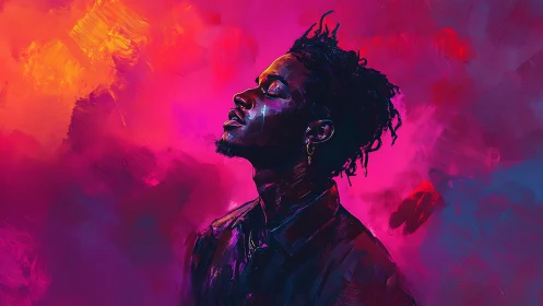 Neon-lit portrait merges soulful profile and electric aura.