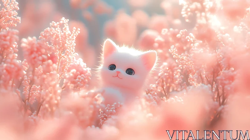 White Cat Among Crystalline Pink Floral Structures