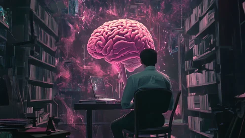 Cyberpunk study with luminous brain interface centerpiece.