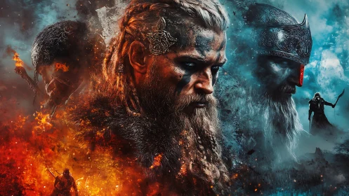 Central bearded warrior figure divides fire and ice background