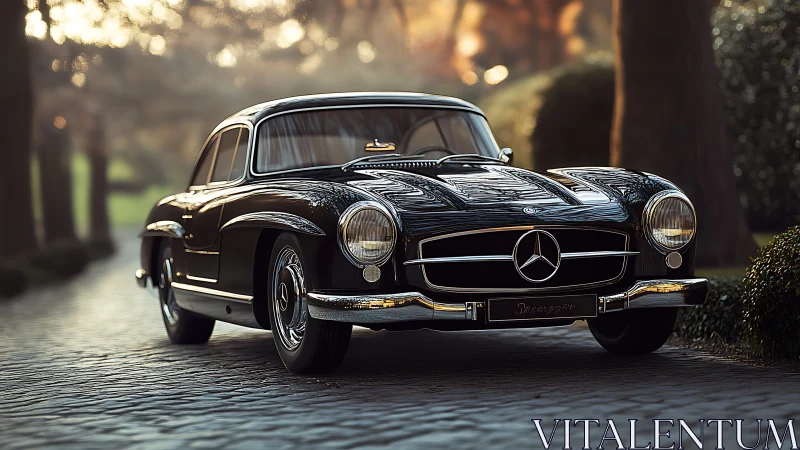 Classic Mercedes-Benz coupe on cobblestone road at dusk.