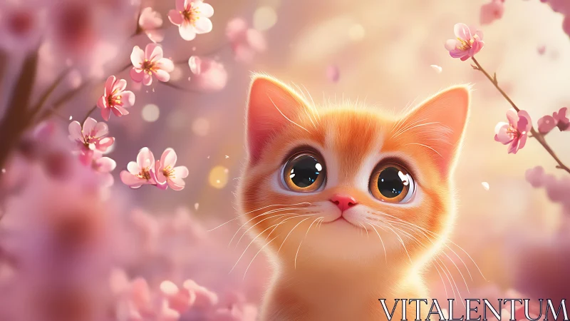 Adorable Orange Kitten Among Cherry Blossoms.