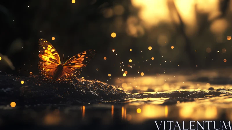 Backlit butterfly hovers above wet stone with shallow depth of field
