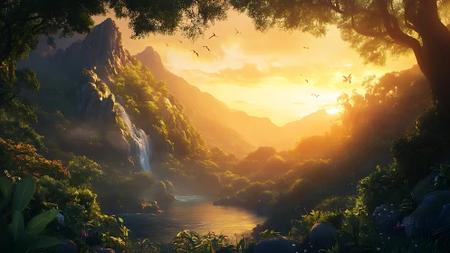 Luminous jungle valley at sunset with cascading waterfall.
