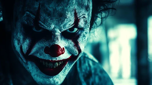 Clown makeup figure is shown in close frontal portrait