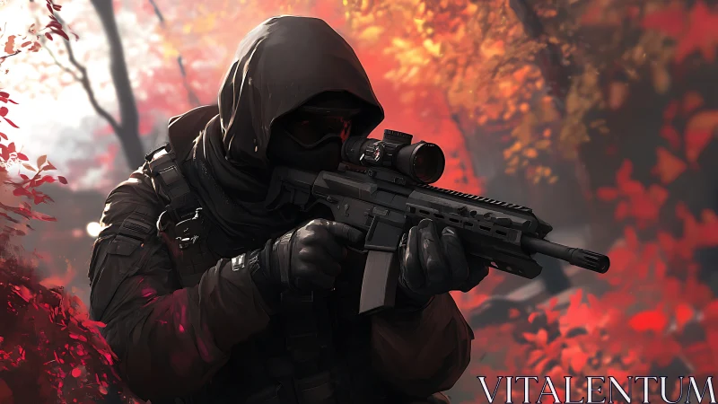Tactical marksman in autumn forest with modular rifle system.