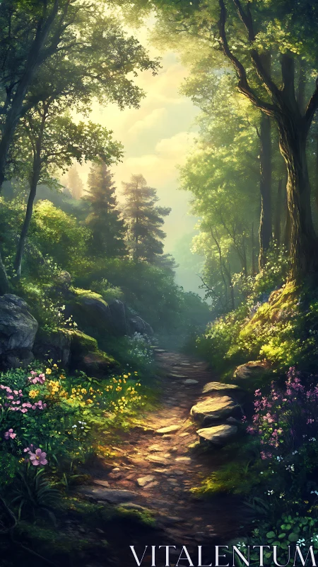 Enchanted Forest Path Bathed in Golden Sunlight Through Ancient Trees