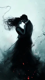 Silhouetted Couple Embracing with Ethereal Ink Effects