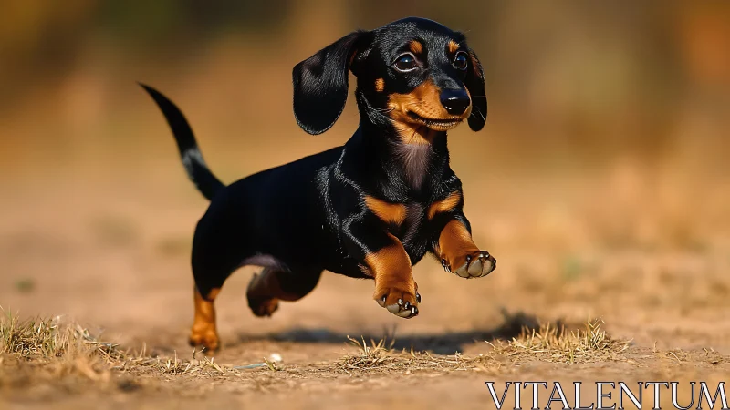 Playful dachshund puppy sprints across sunlit dirt path.