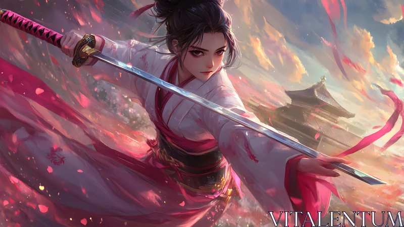 Petalstorm samurai heroine carving dusk with steel grace.