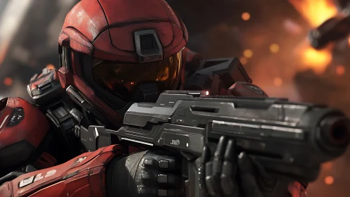 Armored space trooper holding steady in blazing battle.