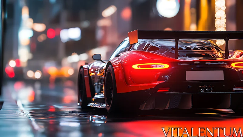 Neon-soaked supercar stalks wet city streets like liquid fire
