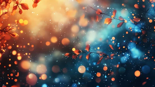 Bokeh-lit autumn branches against teal and amber twilight field.