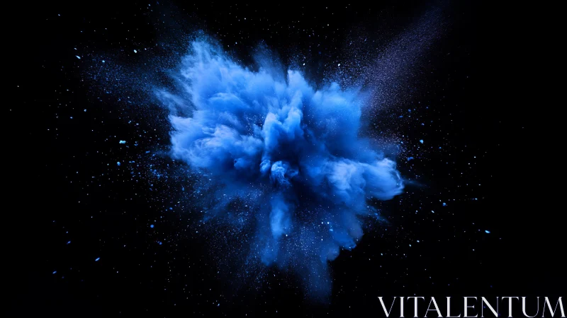 Electric cobalt powder burst suspended in deep black space.