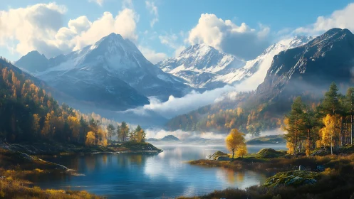 Snow-covered mountain range overlooks calm reflective lake