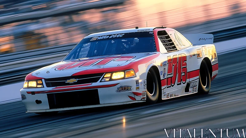 Stock car racer speeds through sunlit oval track at dusk.
