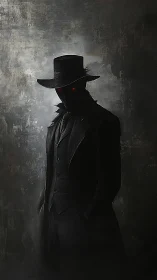 Dark-coated figure with hat stands against textured wall