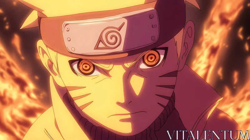 Intense orange eyed anime ninja portrait with fiery aura glow