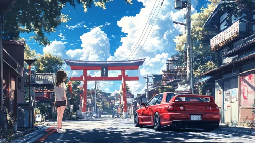Anime streetscape with red sports car before Shinto torii gate