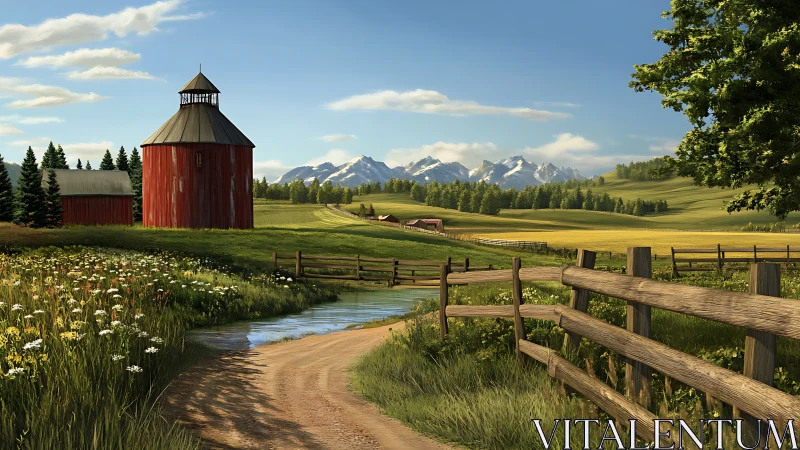 Sunlit country farmstead rests beneath distant snowy peaks