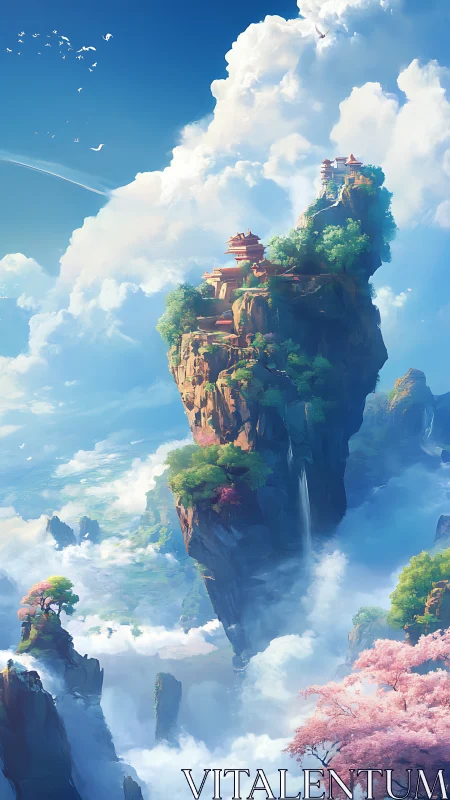 Skybound temples drift through clouds in a serene blue dream