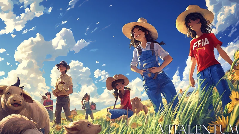 Joyful farm kids stroll through sunny fields with animals