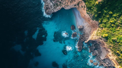 Aerial View of Rocky Coastline with Turquoise Water.