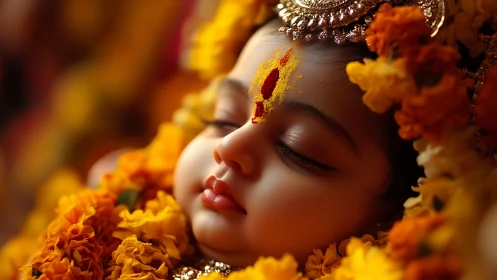 Infant face with floral garlands and ritual forehead mark.