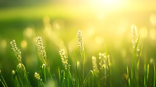 Green field grass in bright golden morning sunlight.
