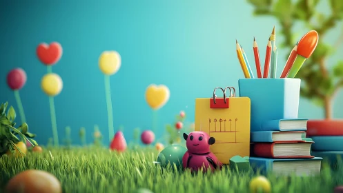 Study objects and toys in stylized grassy outdoor scene.