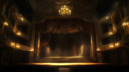 Grand theater stage glows under a solitary golden chandelier.