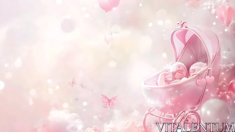 Pink Baby Carriage Suspended in Ethereal Cloudscape Environment