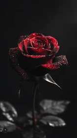 A Deep Red Rose Glistens With Dewdrops Against Darkness