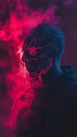 Dual-tone portrait merges human profile with neon smoke skull overlay
