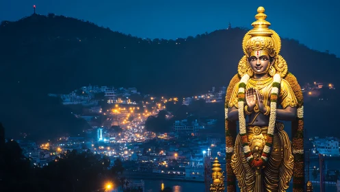 Golden hilltop deity watching over a glowing valley town.