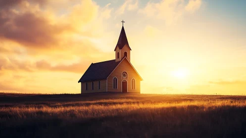 Photorealistic country chapel at golden hour horizon line.